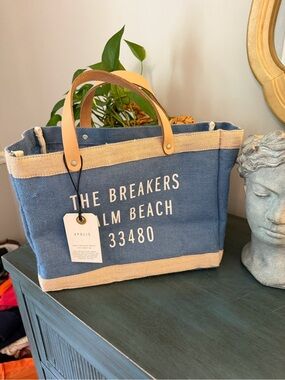 Apolis The Breakers Palm Beach Market Tote Blue & Natural Leather Handles NWT